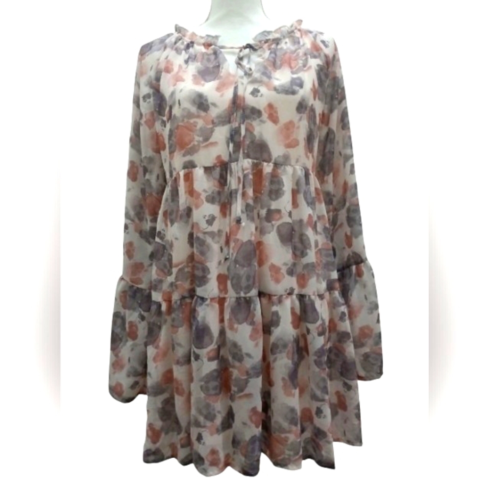 Peach Love California Flowy Boho Floral Bell Long Sleeve Dress Size Small